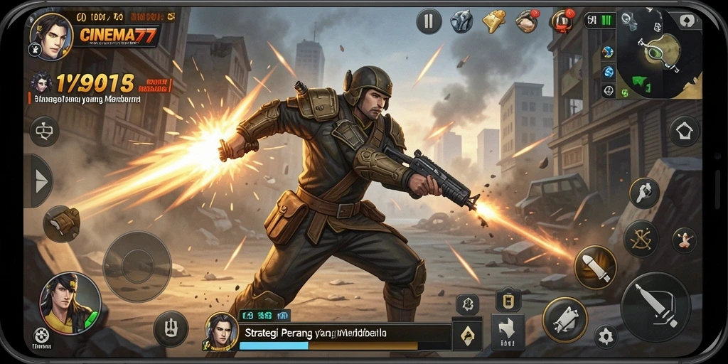 Screenshot gameplay CINEMA77 yang menunjukkan pertempuran strategi intens.
