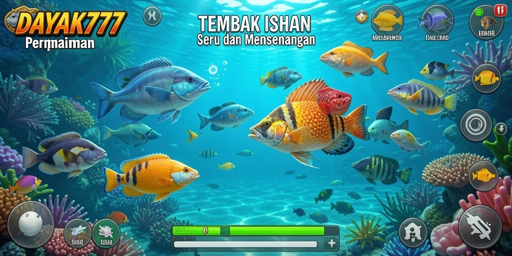 Tampilan gameplay seru di DAYAK777 dengan ikan berwarna-warni.