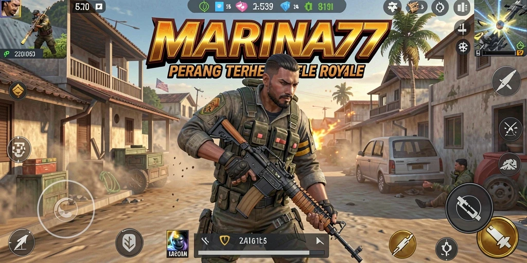Screenshot gameplay MARINA77 yang menggambarkan aksi pertempuran intens Battle Royale.
