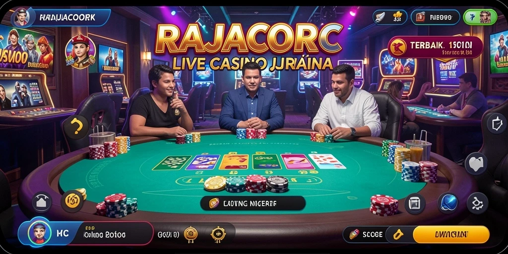 Screenshot RAJACORC menampilkan dealer langsung dan suasana permainan yang mendebarkan.