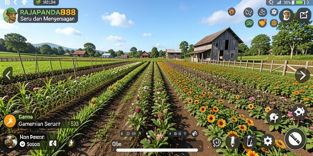 Tampilan gameplay <strong>RAJAPANDA88</strong> saat merawat ladang pertanian.