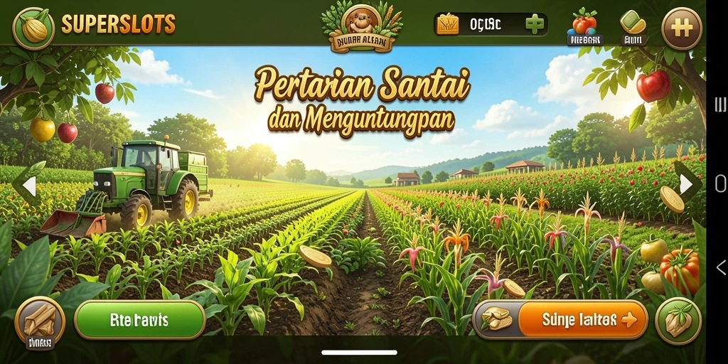 Tangkapan layar gameplay <strong>SUPERSLOTS</strong> menampilkan ladang cantik yang sedang dikelola.